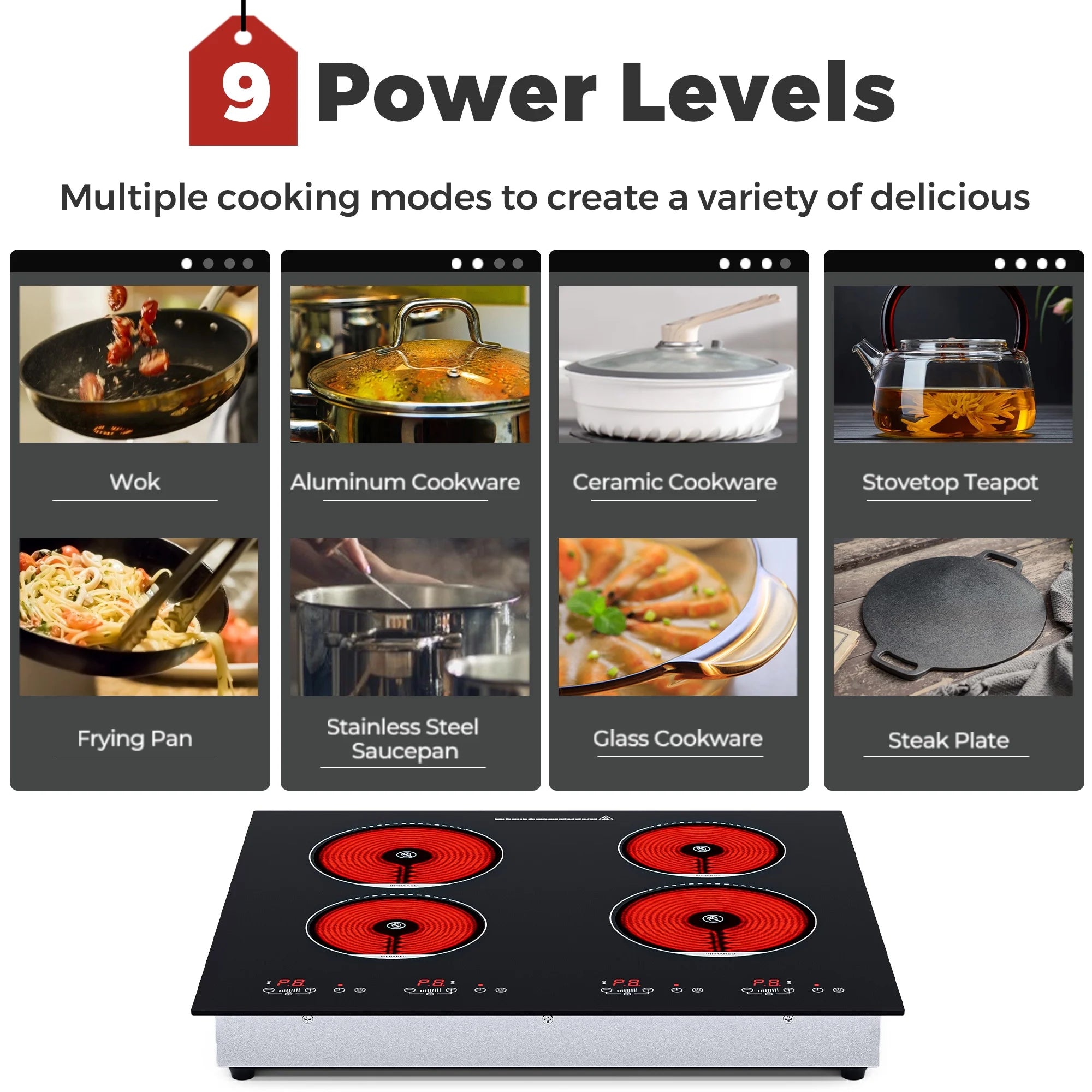 Advwin  4 Burner Electric Stove Top��24 Inch Built-in Electric Stove Top,6000W Electric Ceramic Cooktop with 4H Timer, Kid Safety Lock and Knob Control, 9 Heating Level,220v(No Plug)