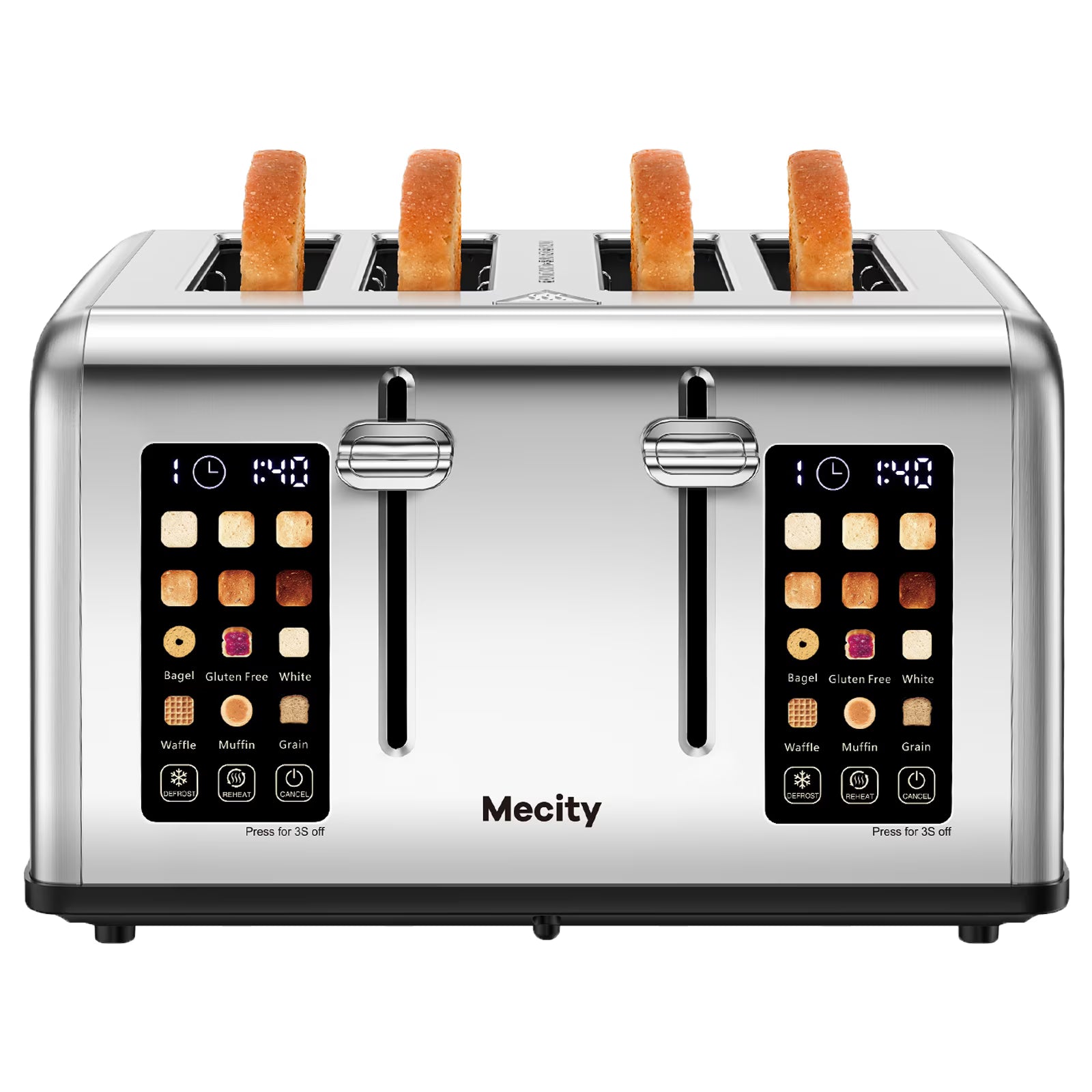 Mecity 4-Slice Touchscreen Toaster, Stainless Steel, 6 Browning Settings, Reheat, Cancel, Defrost, Removable Tray