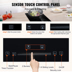 KFFKFF 2 Burner Electric Cooktop, 20 x 11.6 inches, 240V 3000W Glass Heat Plate with Touch-Sensitive Controls, Inbuilt Timer and Child Safety Feature, 9 Adjustable Heat Settings for Kitchen