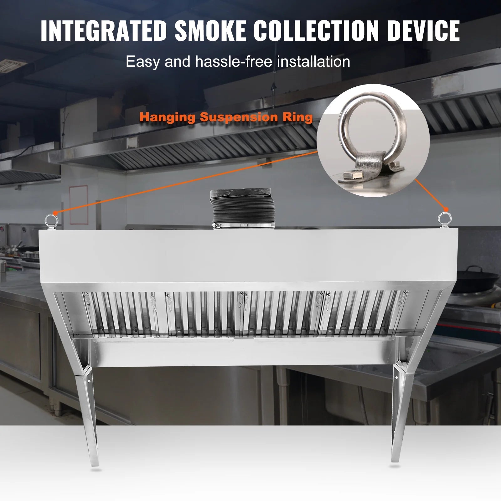 KFFKFF 8FT Range Hood, Stainless Steel Commercial Exhaust Hood, with Rust-Proof Construction and 4 Removable U-shaped Oil Filtration Meshes, Designed for Food Trucks and Concession Trailers