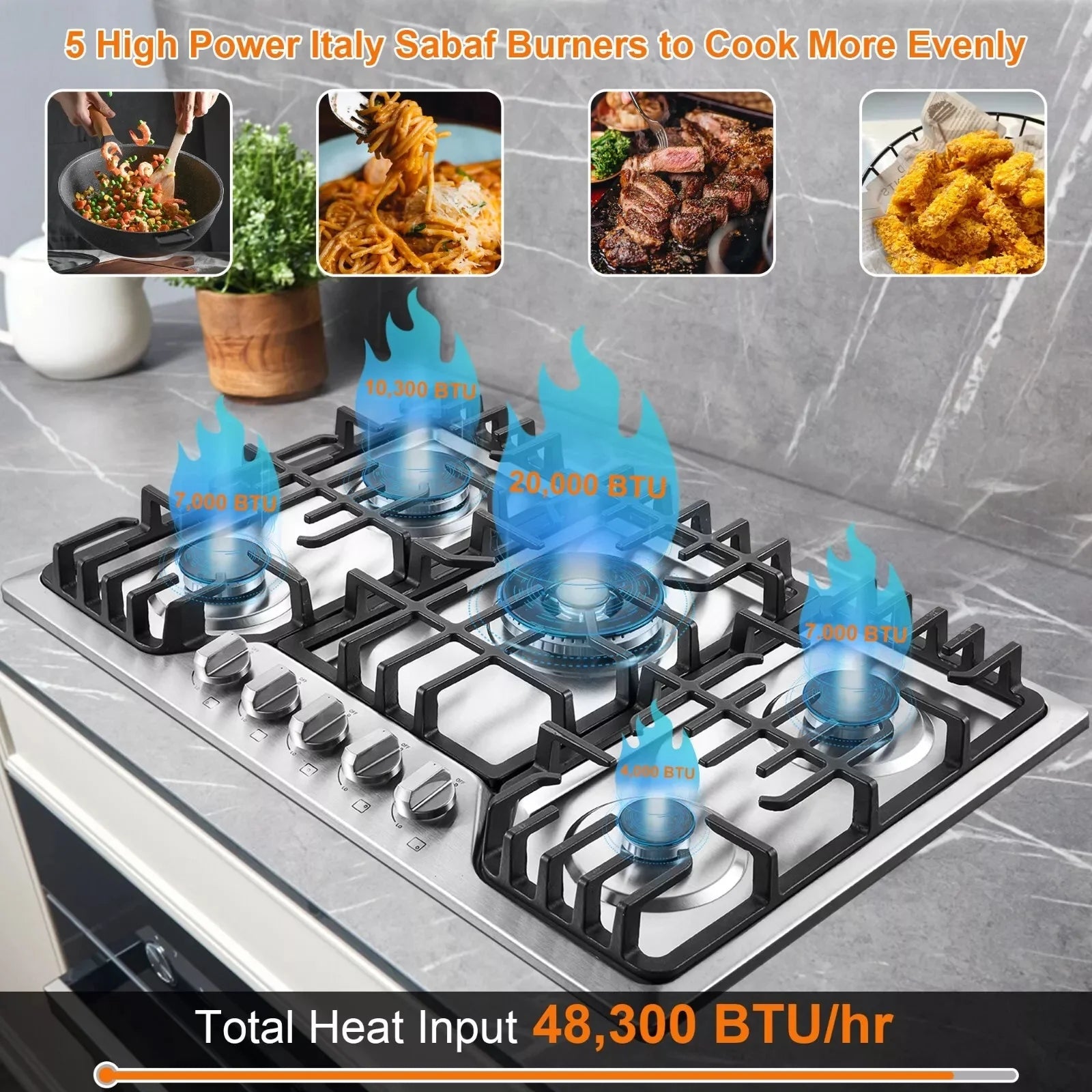 Amzgachfktch 5 Burners Stove 30 inch Gas Cooktop NG/LPG Stainless Steel Built-in with Grill