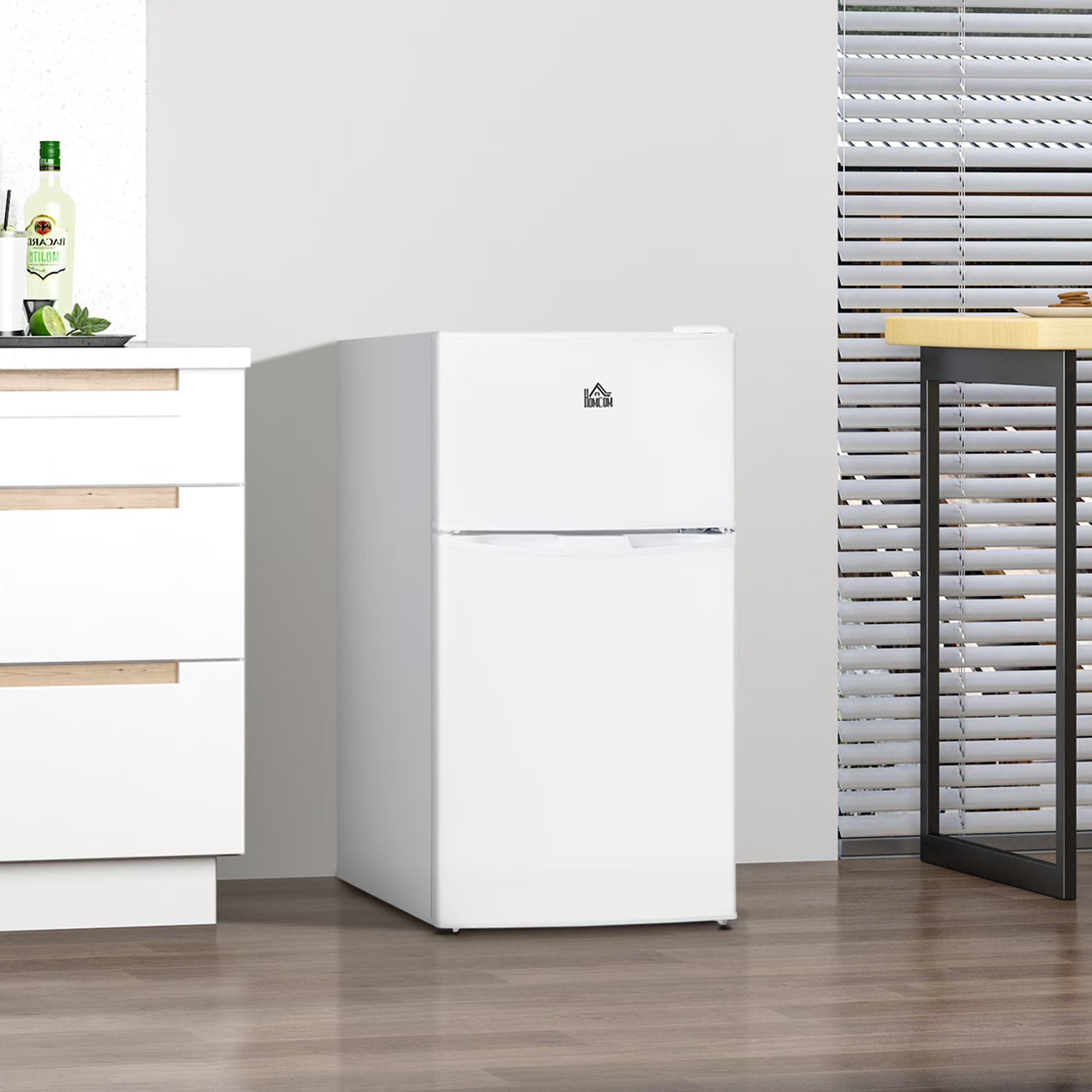 Harper & Bright Designs Double Door Mini Fridge with Freezer, 3.2 Cu.Ft Compact Refrigerator with Adjustable Shelf, Adjustable Thermostat and Reversible Door for Bedroom, Dorm, Home Office, White