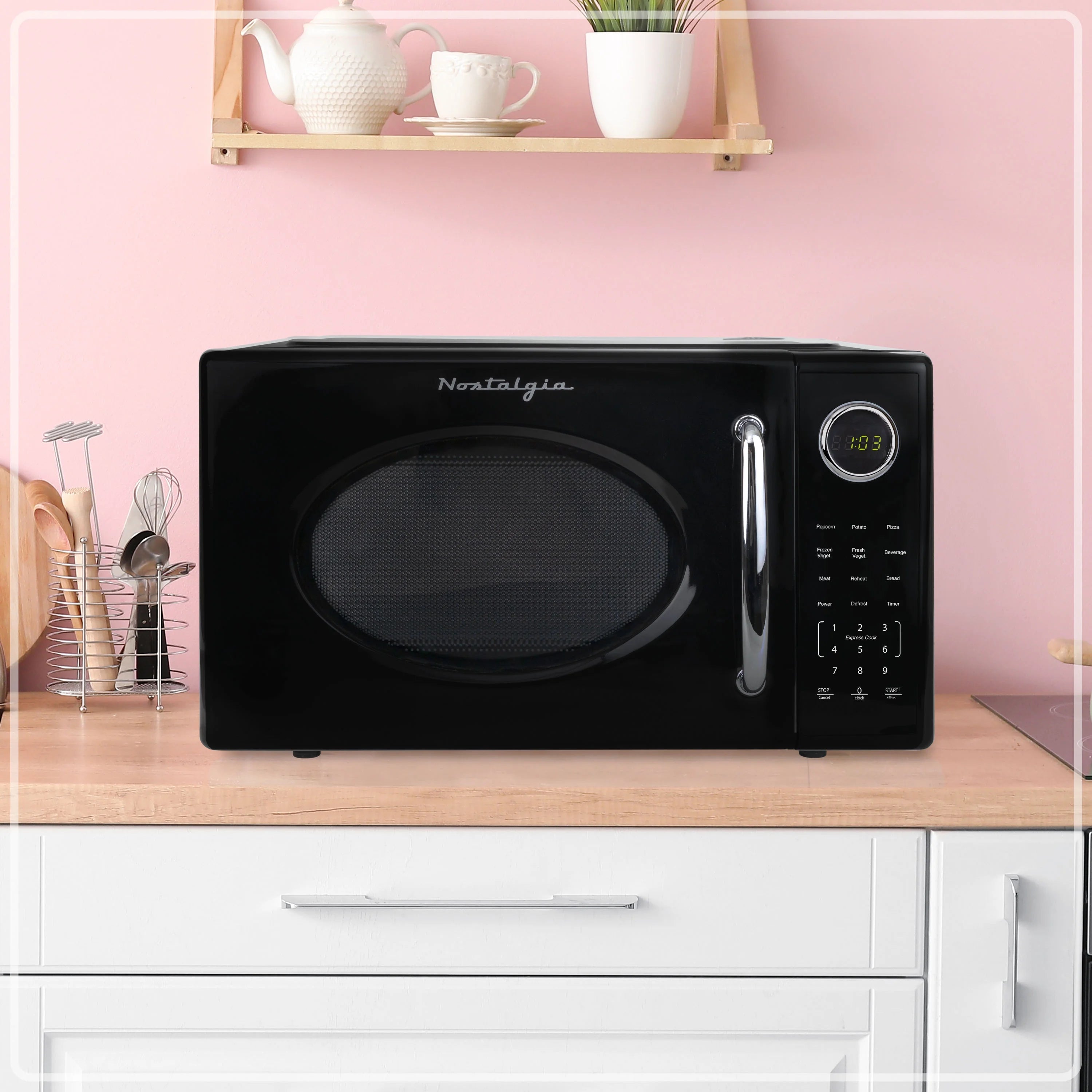 Nostalgia Retro Microwave Oven - 1.1 Cu Ft & 1000-Watt Countertop Size with Glass Turntable, Child Safety Lock, 8 Auto-Cook Programs & Digital Clock - Black