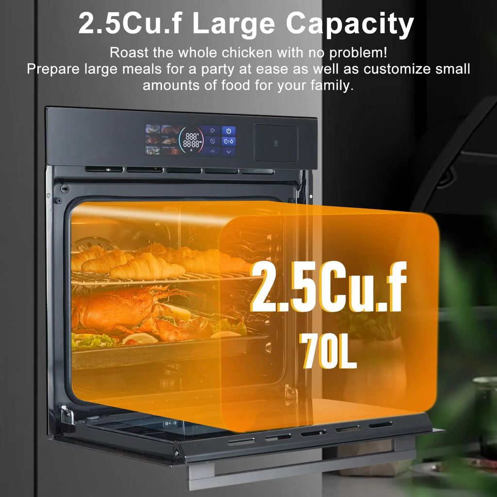 24" Built-in Electric Ovens with 70L Capacity, 3000W Single Wall Oven with View Window, Steam & Grill Oven 2 in 1, 8 Cooking Functions & 108 Automatic Recipes, 3D Surround Heating, LED Screen