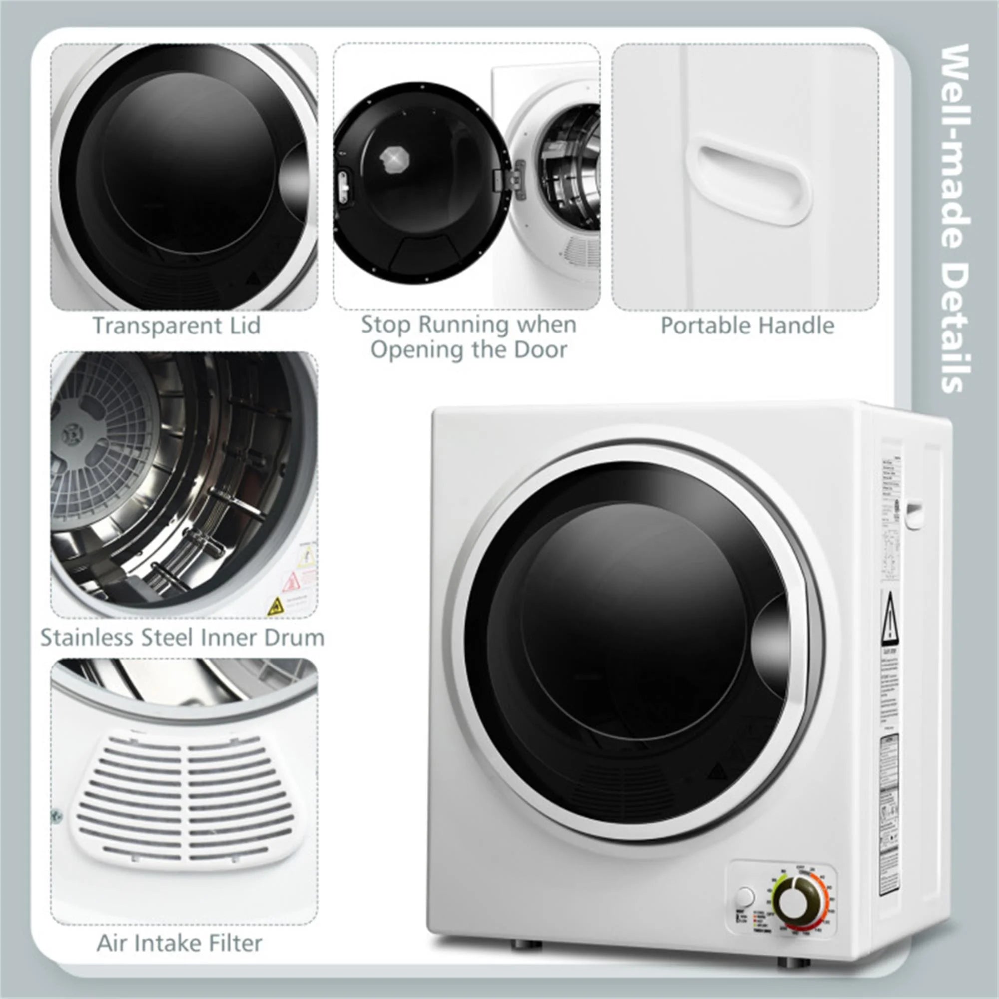 850W Compact Portable Clothes Dryer - 10 lbs Wet Capacity, 5.5 lbs Dry Load, Quiet Design (