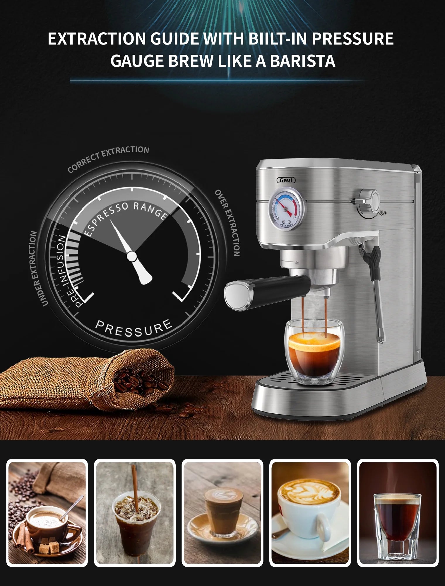 Gevi Compact Espresso Coffee Machine with Milk Steam Wand GECME418EA-U