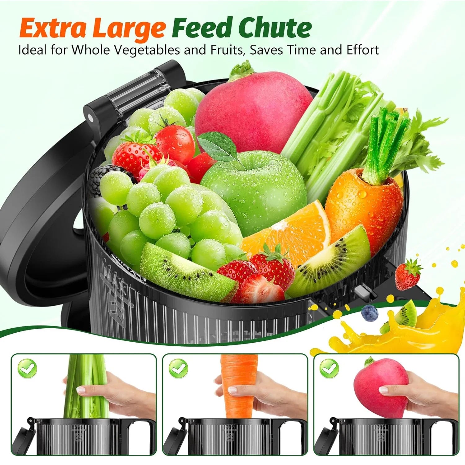 YPONE Cold Press Juicer, Masticating Juicer with 5.4" Wide Feed Chute, 350w Slow Juicer Machines Fit Whole Vegetables and Fruits,Juice Extractor Machine with High Juice Yield, Easy to Clean(Black)