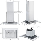STRELECT 30 Inch Curved Glass Range Hood, 400 CFM Ductless/Ducted Convertible Stove Vent Hood with Chimney, 3 Speed Fan, LED Light, Button Control Vent Hood for Stove Kitchen