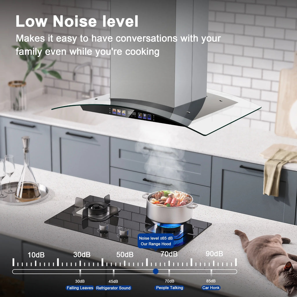 30 inch Stainless Steel Island Mount Range Hood 700 CFM, 120V Exhaust Fan, 3-Speed 65dB, Gesture Control & LED Lights?