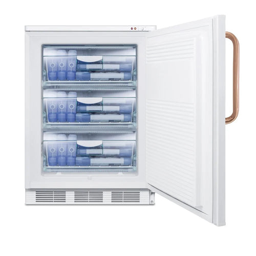 ADA compliant freestanding all-freezer capable of -25 C operation, with lock and copper handle