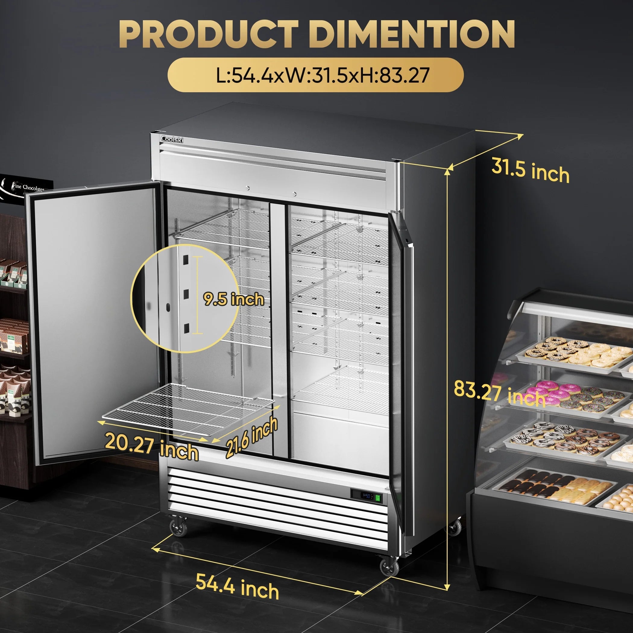 Coolski 54"W 2 Door Commercial Freezer, 49 Cu.ft Stainless Steel Reach-in Freezer