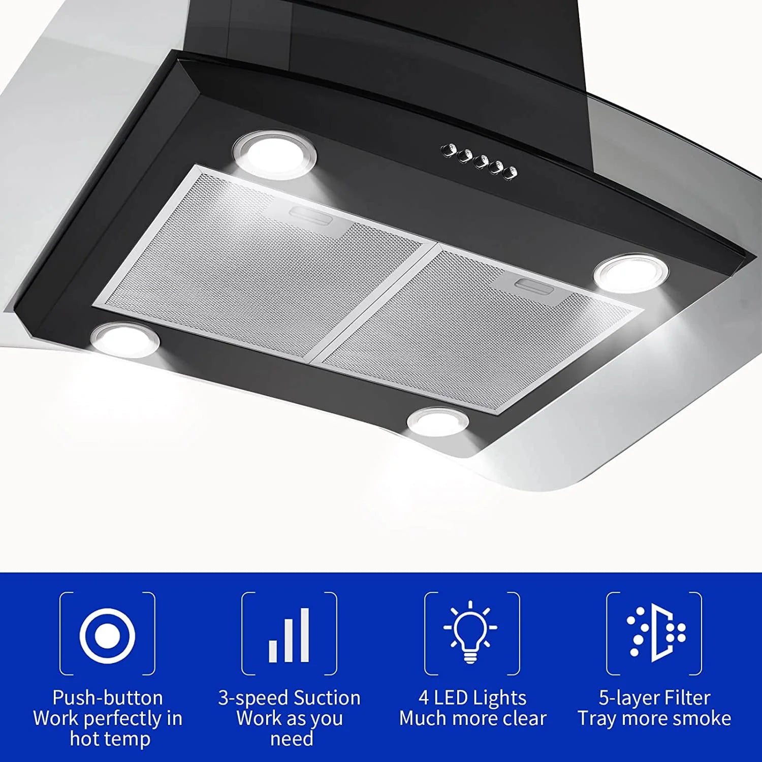 Island Range Hood 30-inch Kitchen 3-Speed Extractor Fan Vent Hood Airflow 900CFM