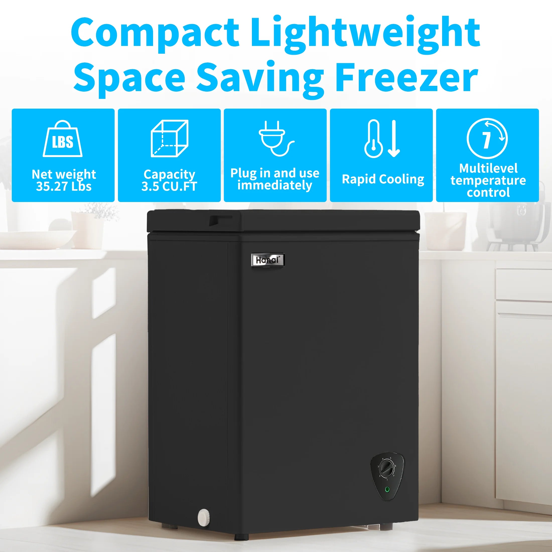 3.5 Cubic Chest Freezer, Compact Deep Freezer with Top Open Door and Removable Storage Basket, 7 Gears Temperature Control, Energy Saving, for Office Dorm or Apartment