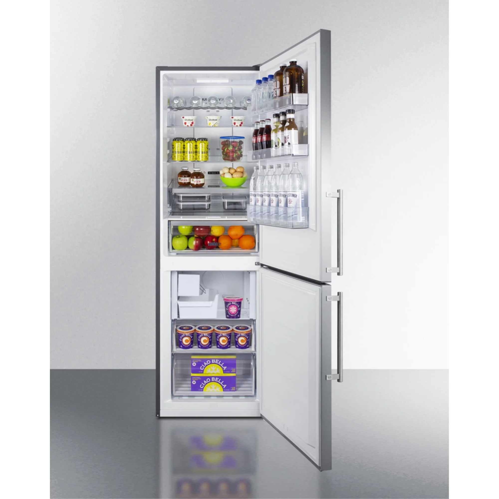 European counter depth bottom freezer refrigerator with stainless steel doors, platinum cabinet, factory installed icemaker, and digital controls for each section