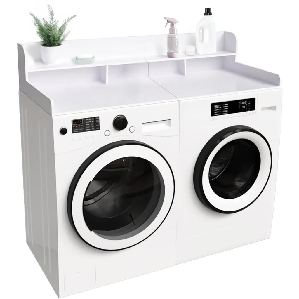 Modern Washer Dryer Countertop with 2-Tier Shelf,Laundry Room Countertop Organization Storage with 2.75" H Guard Edge Rails,Non-Slip Pad,Waterproof and Easy to Clean,54"W x 27.55"D,Natural Wood
