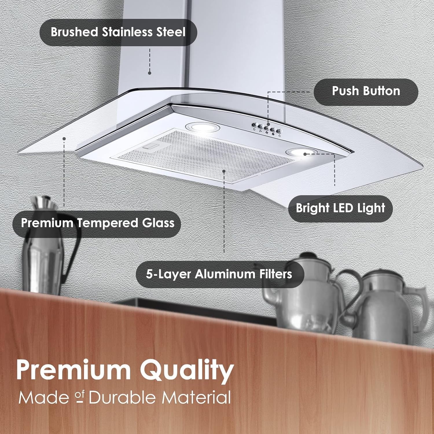 Range Hood 30 Inch, Tieasy Wall Mount Kitchen Hood with Ducted / Ductless Convertible Duct, Stainless Steel Chimney and Aluminum Filters, LED Lights, 3 Speed Fan, Push Button