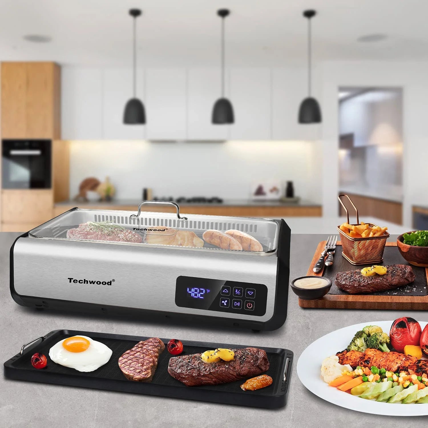 Techwood Indoor Smokeless Grill, 1500W, Black, Electric Portable Korean BBQ Grill with Tempered Glass Lid