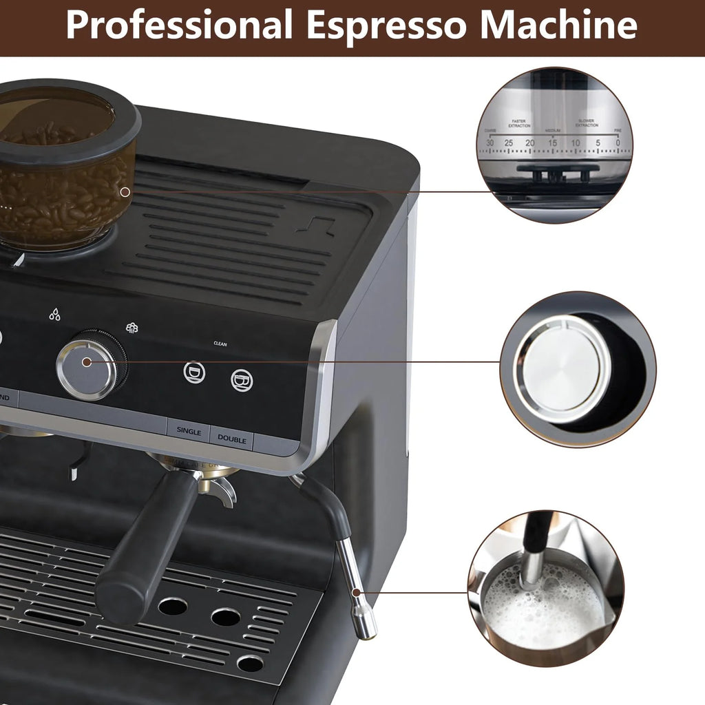 Espresso Coffee Machine with Grinder, 20 Bar Semi-Automatic Espresso Maker with Milk Frother Steamer Wand for Cappuccino, Latte, Macchiato, 2.8 L Water Tank, PID Temperature Control