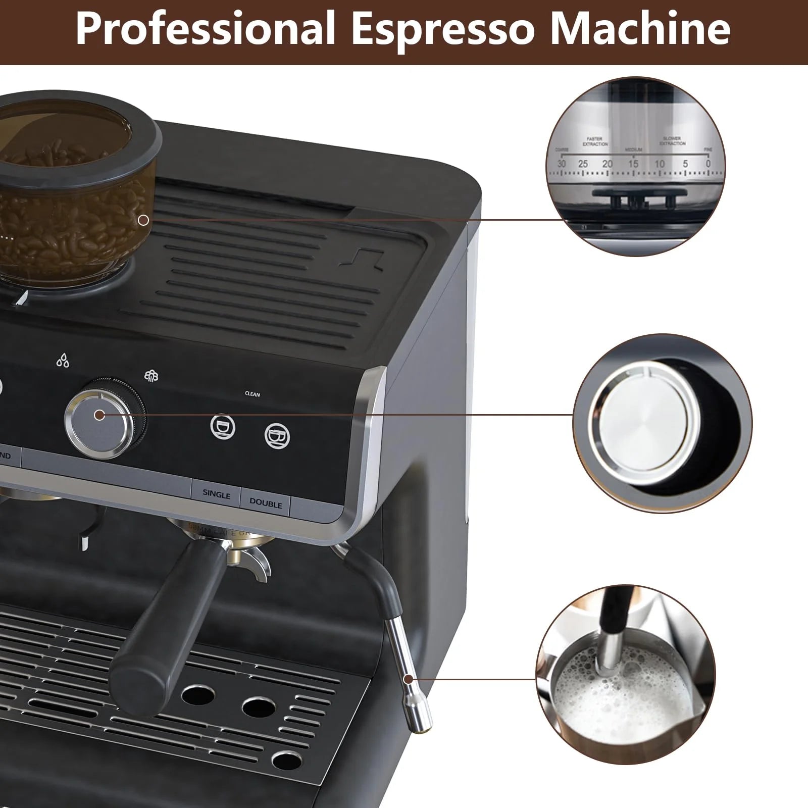 Espresso Coffee Machine with Grinder, 20 Bar Semi-Automatic Espresso Maker with Milk Frother Steamer Wand for Cappuccino, Latte, Macchiato, 2.8 L Water Tank, PID Temperature Control