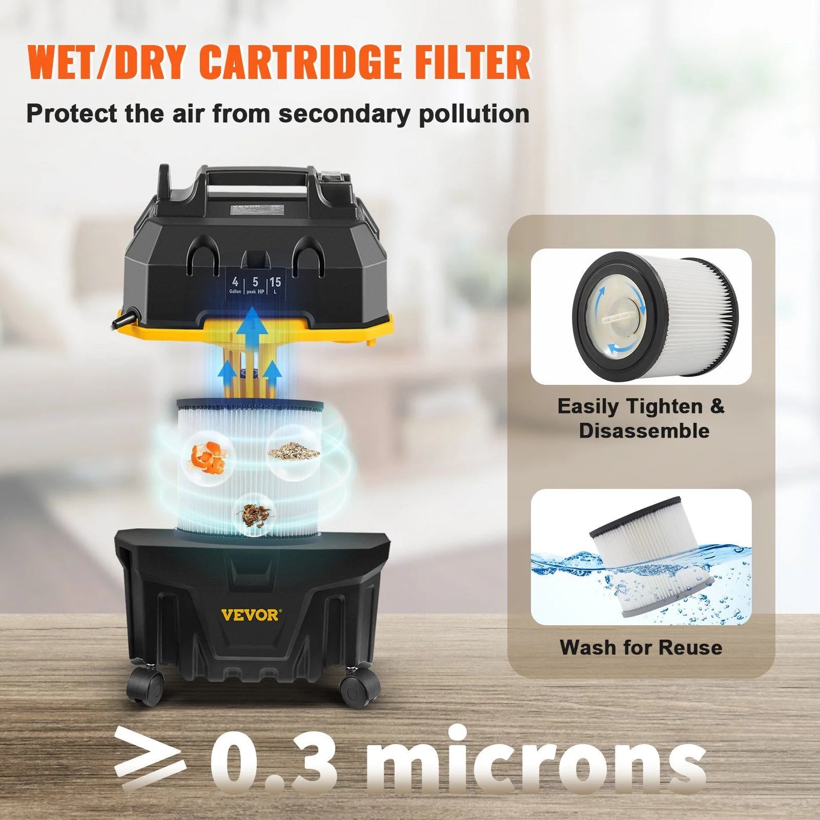 4 Gallon Wet Dry Vacuum, 5 Peak HP Powerful Suction, 3-in-1 Blower & Vacuum for Home, Car, Gaps, Includes Portable Attachments, ETL Listed