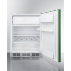 ADA height 24" refrigerator-freezer for residential use with emerald green door, stainless steel handle, and white cabinet