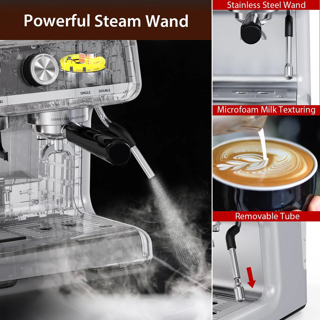 Espresso Coffee Machine with Grinder, 20 Bar Semi-Automatic Espresso Maker with Milk Frother Steamer Wand for Cappuccino, Latte, Macchiato, 2.8 L Water Tank, PID Temperature Control