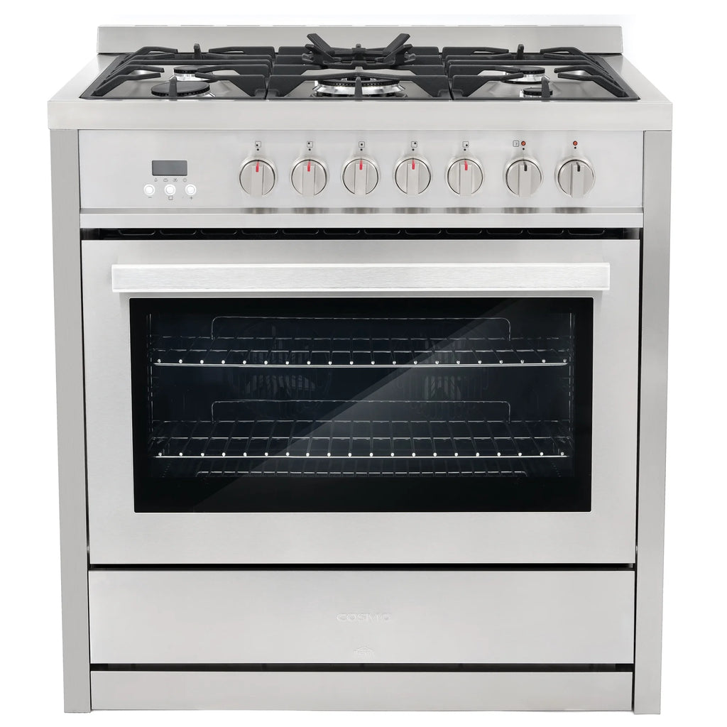 Cosmo 4 Piece Kitchen Appliance Packages with 36" Freestanding 220/240V Dual Fuel Range 36" Under Cabinet Mount Range Hood 24" Built-in Dishwasher & French Door Refrigerator Kitchen Appliance Bundles