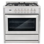Cosmo 4 Piece Kitchen Appliance Packages with 36" Freestanding 220/240V Dual Fuel Range 36" Under Cabinet Mount Range Hood 24" Built-in Dishwasher & French Door Refrigerator Kitchen Appliance Bundles