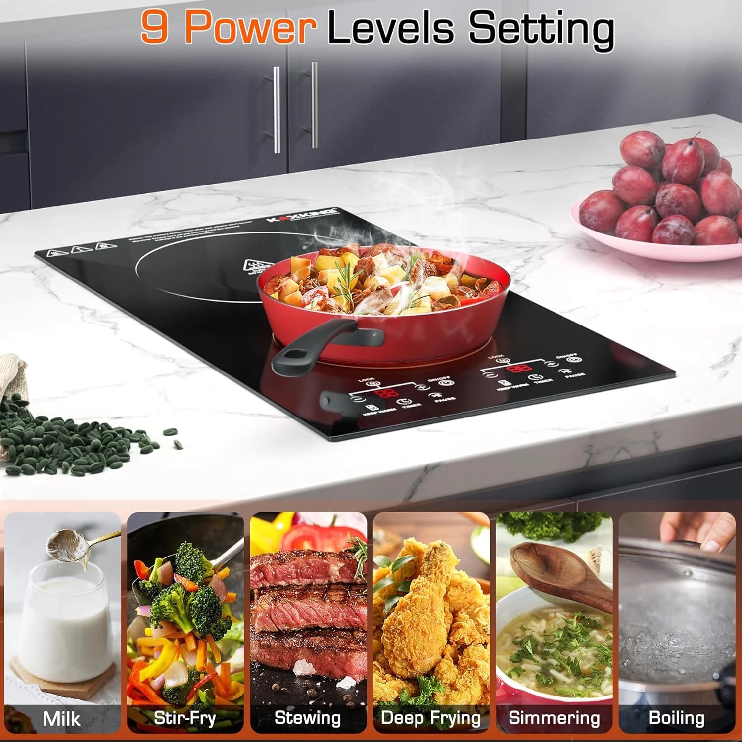 4 Burner Electric Cooktop, 24 Inch Electric Stove Top, Built-in Electric Cooktop with Sensor Touch Control, Timer & Child Lock Included, 9 Power Levels, 6000W, 220-240V Hard Wired (No Plug)