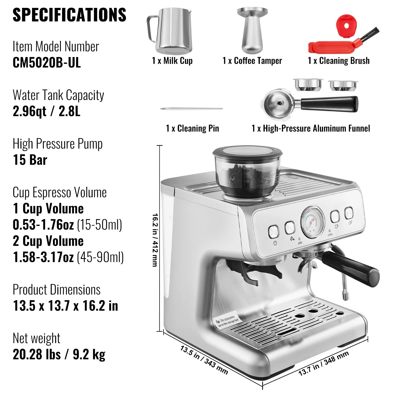 KFFKFF Semi-Automatic Espresso Maker with Grinder, 15 Bar, Includes Milk Frother Steam Wand, Detachable Water Tank & Pressure Gauge, for Cappuccino, Latte, Machiato, with PID Temperature Control