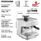 KFFKFF Coffee Machine with Grinding Feature, 15 Bar Semi-Auto Coffee Brewer with Milk Frothing Wand, Detachable Water Reservoir & Pressure Indicator for Cappuccino, Latte, Machiato, PID Regulation