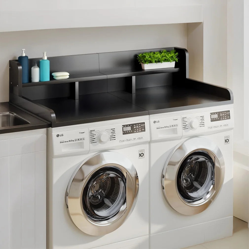 Modern Washer Dryer Countertop with 2-Tier Shelf,Laundry Room Countertop Organization Storage with 2.75" H Guard Edge Rails,Non-Slip Pad,Waterproof and Easy to Clean,54"W x 27.55"D,Natural Wood
