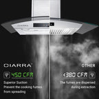 CIARRA Wall Mount Range Hood 30 inch with Tempered Glass 450 CFM Kitchen Vent Hood Ductless Ducted Convertible CAS50275