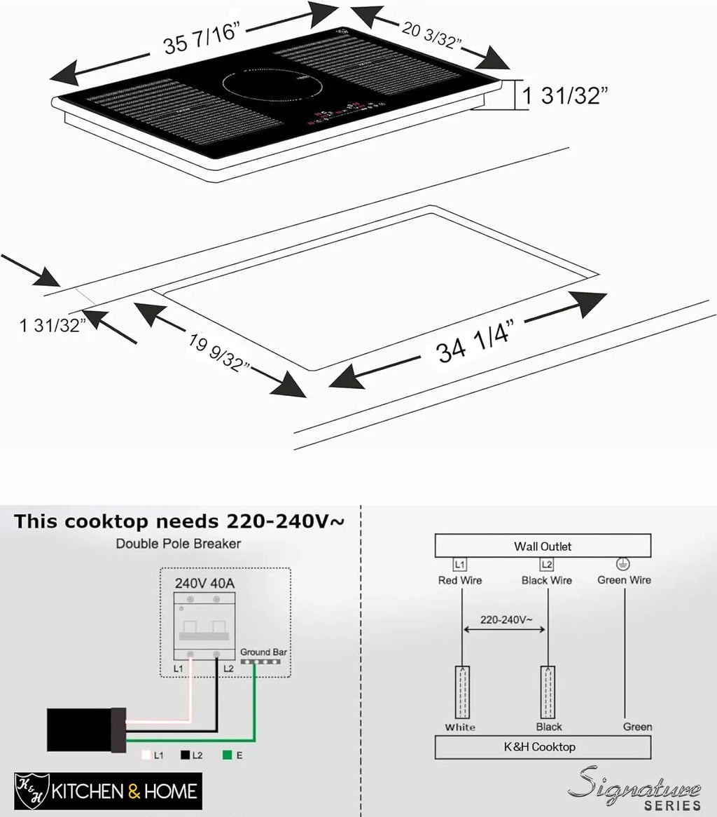 K&H SIGNATURE SERIES 5 Burner 36 Inch Built-in Induction FLEX Electric Stove Top Ceramic Cooktop SLIDER Touch Control 240V 9400W IN36-9400FLX