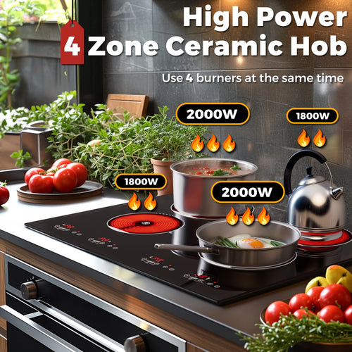 Advwin  4 Burner Electric Stove Top��24 Inch Built-in Electric Stove Top,6000W Electric Ceramic Cooktop with 4H Timer, Kid Safety Lock and Knob Control, 9 Heating Level,220v(No Plug)