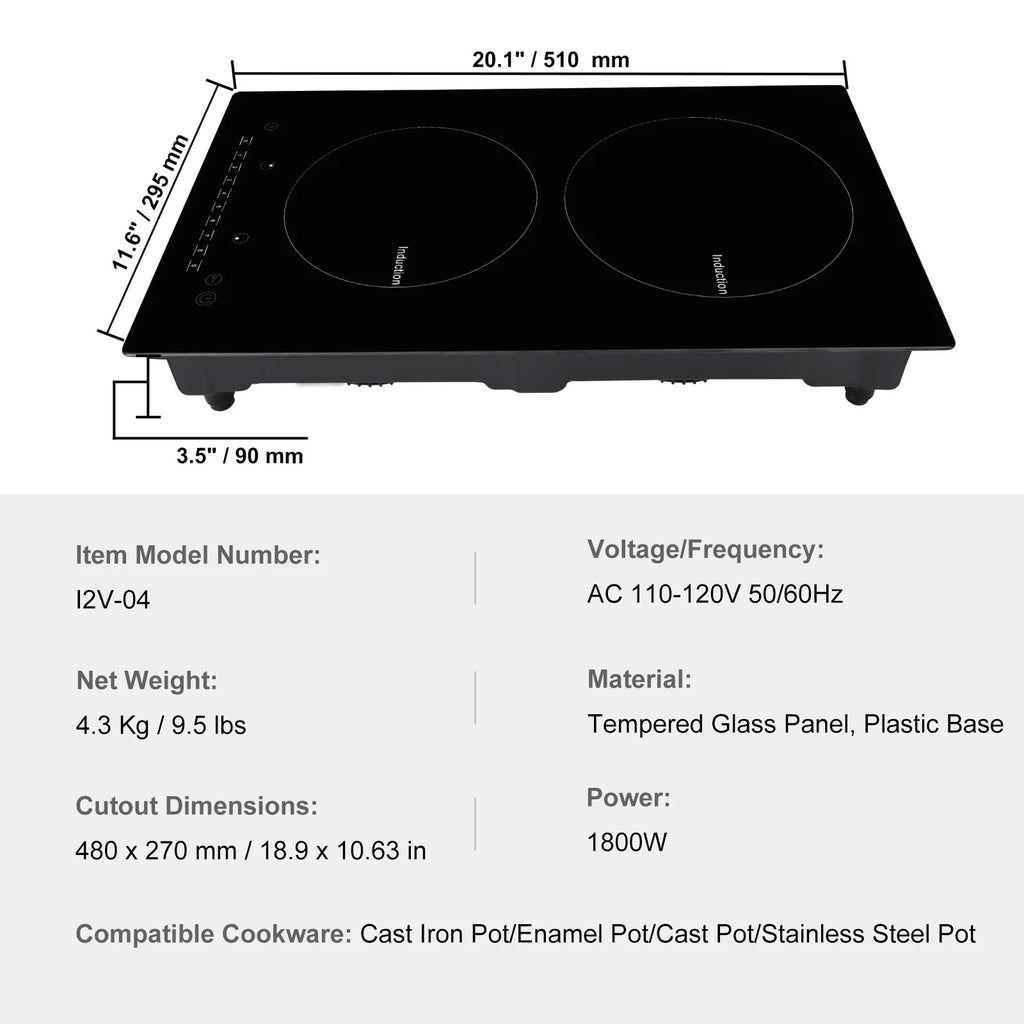 KFFKFF Induction Cooker, Dual Burners, 12'' Electric Stove, Integrated Magnetic Cooking Surface 1800W, 9 Stage Heat Adjustable Burner, LED Touch Interface with Child Safety & Excessive Heat Safeguard