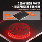 KFFKFF Built-in 4 Burner Electric Cooktop, 7200W Electric Range, 30" Electric Cooktop with Glass Surface, Knob Control, 11 Temperature Settings, 220-240V, Direct Wiring Required