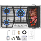 36 Inch Gas Cooktop with Griddle, 5 Burners Gas Stove Top with Reversible Cast Iron Grill/Griddle, NG/LPG Convertible, Stainless Steel Propane Cooktop with Thermocouple Protection