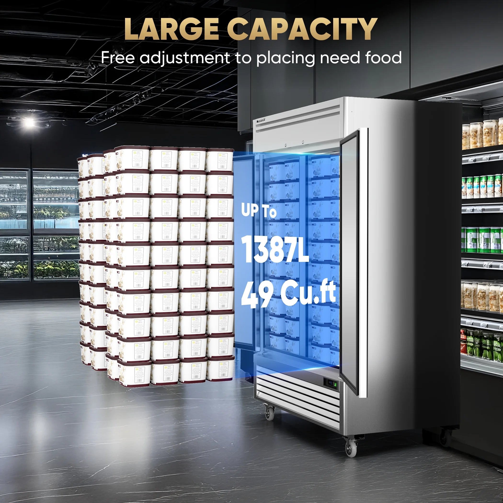 Coolski 54"W 2 Door Commercial Freezer, 49 Cu.ft Stainless Steel Reach-in Freezer