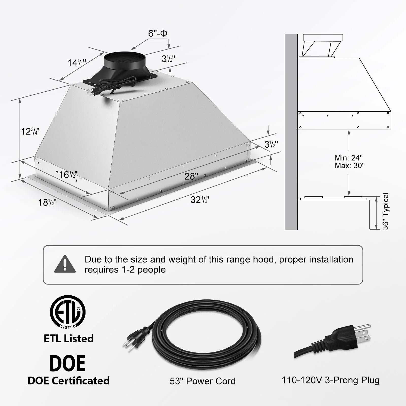30 inch Built-in/Insert Range Hood, 900 CFM Ducted/Ductless Insert Range Hood with Charcoal Filter