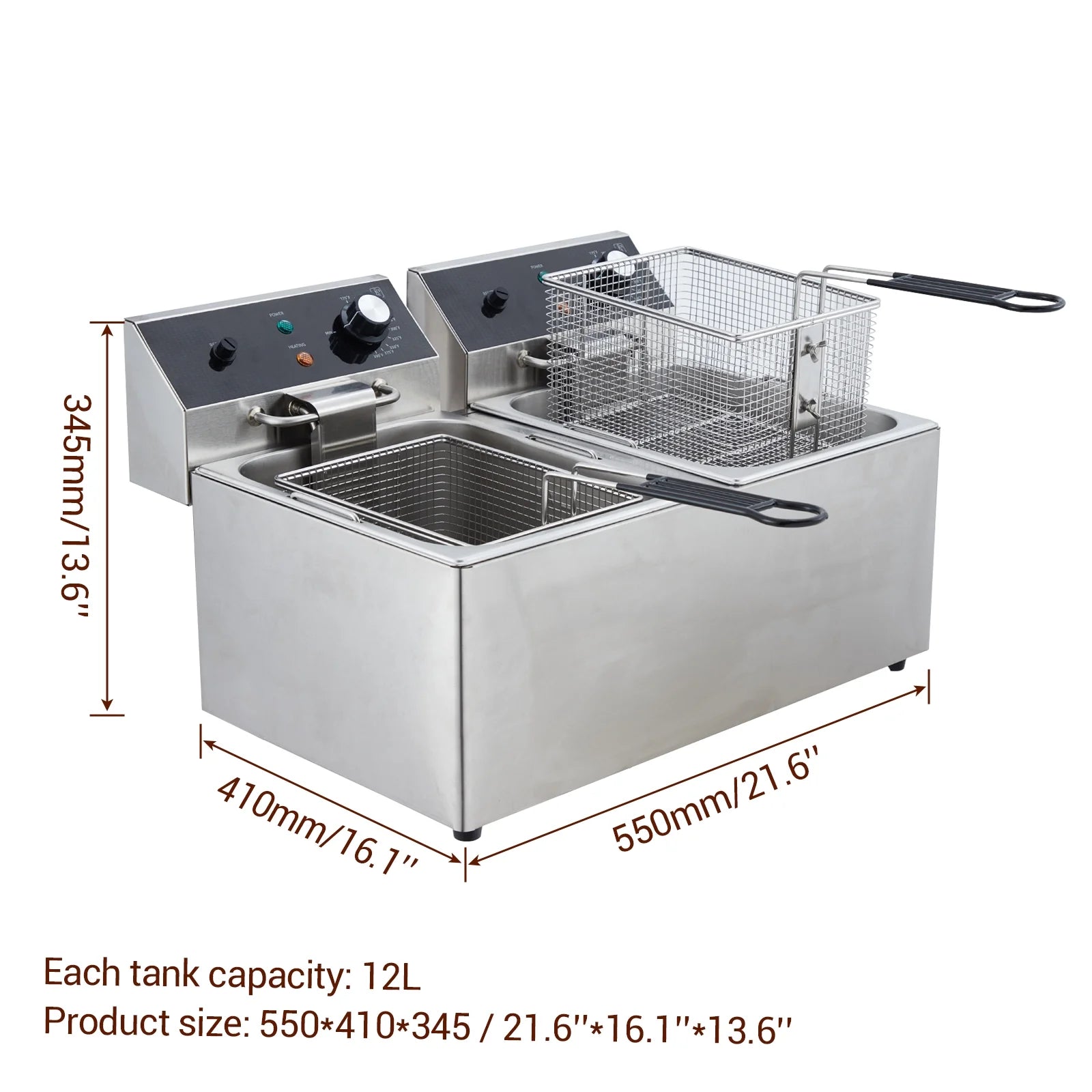 Yesurprise 6/10/12L Commercial Electric Deep Fryer Dual Tank w/Basket & Lid Countertop Stainless Steel Deep Fryer for Large Tank French Fries Onion Rings