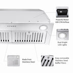 Range Hood 30 inch Insert Vent Hood 600 CFM Built-in Stainless Steel Range Hood Powerful Exhaust Vent Fan