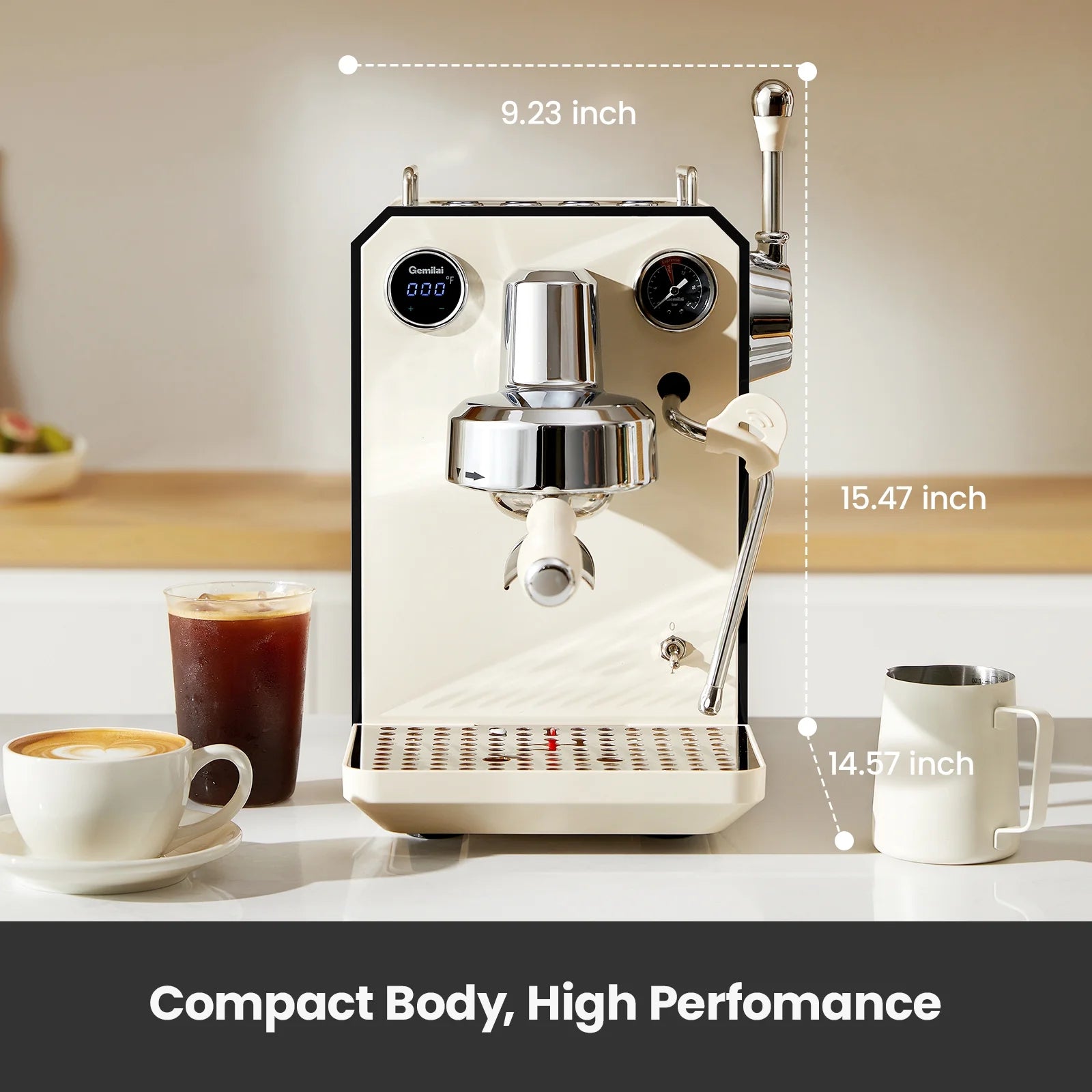 Gemilai G3006 Owl 15-Bar Semi-Auto Espresso Machine, Dual Display, Milk Frother, 57oz Tank, Stainless Steel Coffee Maker