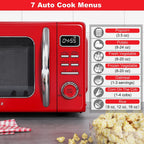 Galanz GLCMKZ09RDR09 Retro Countertop Microwave Oven with Auto Cook & Reheat, Defrost, Quick Start Functions, Easy Clean with Glass Turntable, Pull Handle, 0.9 cu ft, Red