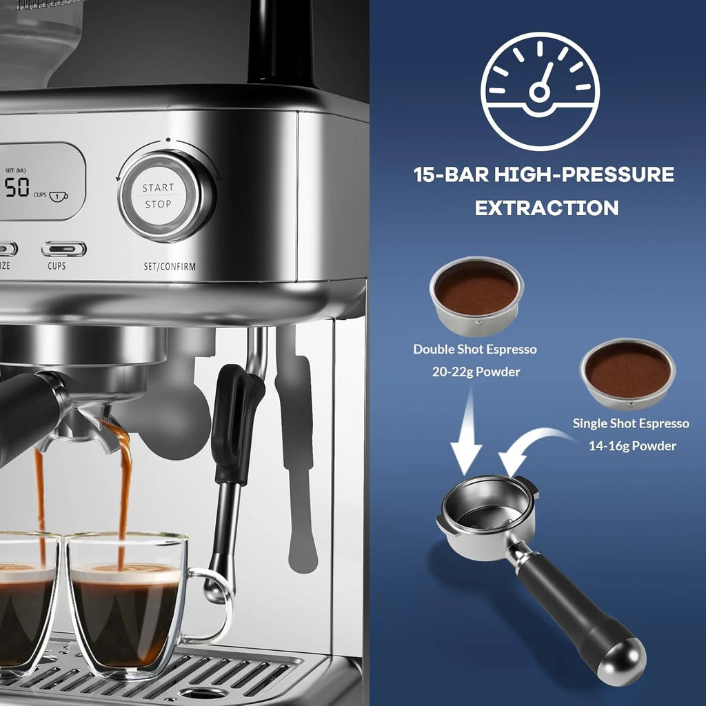 Espresso Machine 15 Bar, LCD Display Espresso Maker with Grinder, Milk Frother and PID Temperature Control, Professional Coffee Maker for Latte Cappuccino - 8.8 Oz Bean Hopper