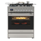 30�� Inch Professional Gas Range Stove with 5 Burner Cooktop, Rapid Convection Oven, and Digital Timer with Heavy-Duty Cast Iron Grates, Stainless-Steel Appliance, Silver