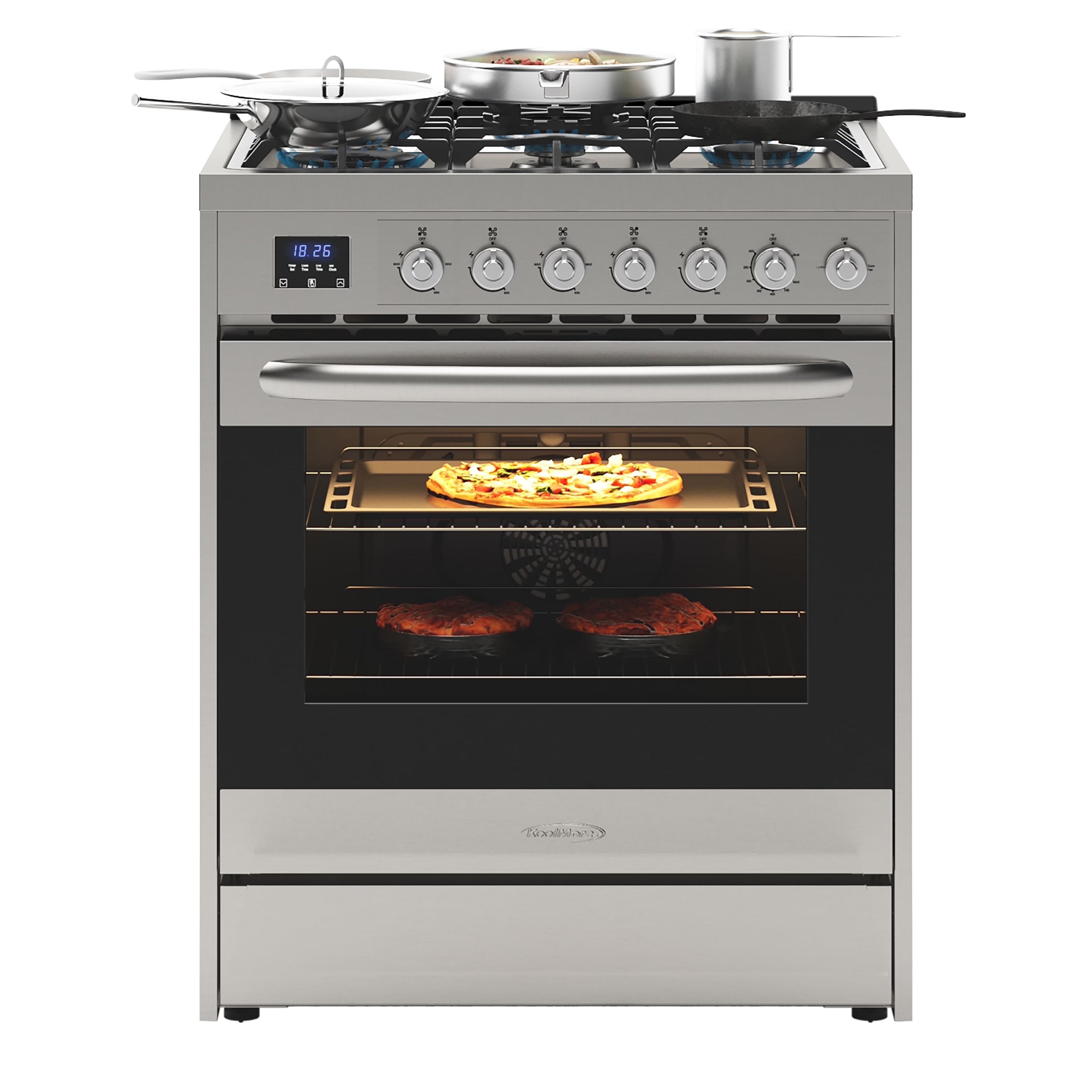 30�� Inch Professional Gas Range Stove with 5 Burner Cooktop, Rapid Convection Oven, and Digital Timer with Heavy-Duty Cast Iron Grates, Stainless-Steel Appliance, Silver