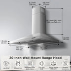 30-inch Wall Mount Range Hood 450CFM - Stainless Steel Kitchen Vent Hood, Ultra Quiet 55dB, Ducted/Ductless Convertible, 3-Speed + LED Light, Dishwasher-Safe Baffle Filters 120V