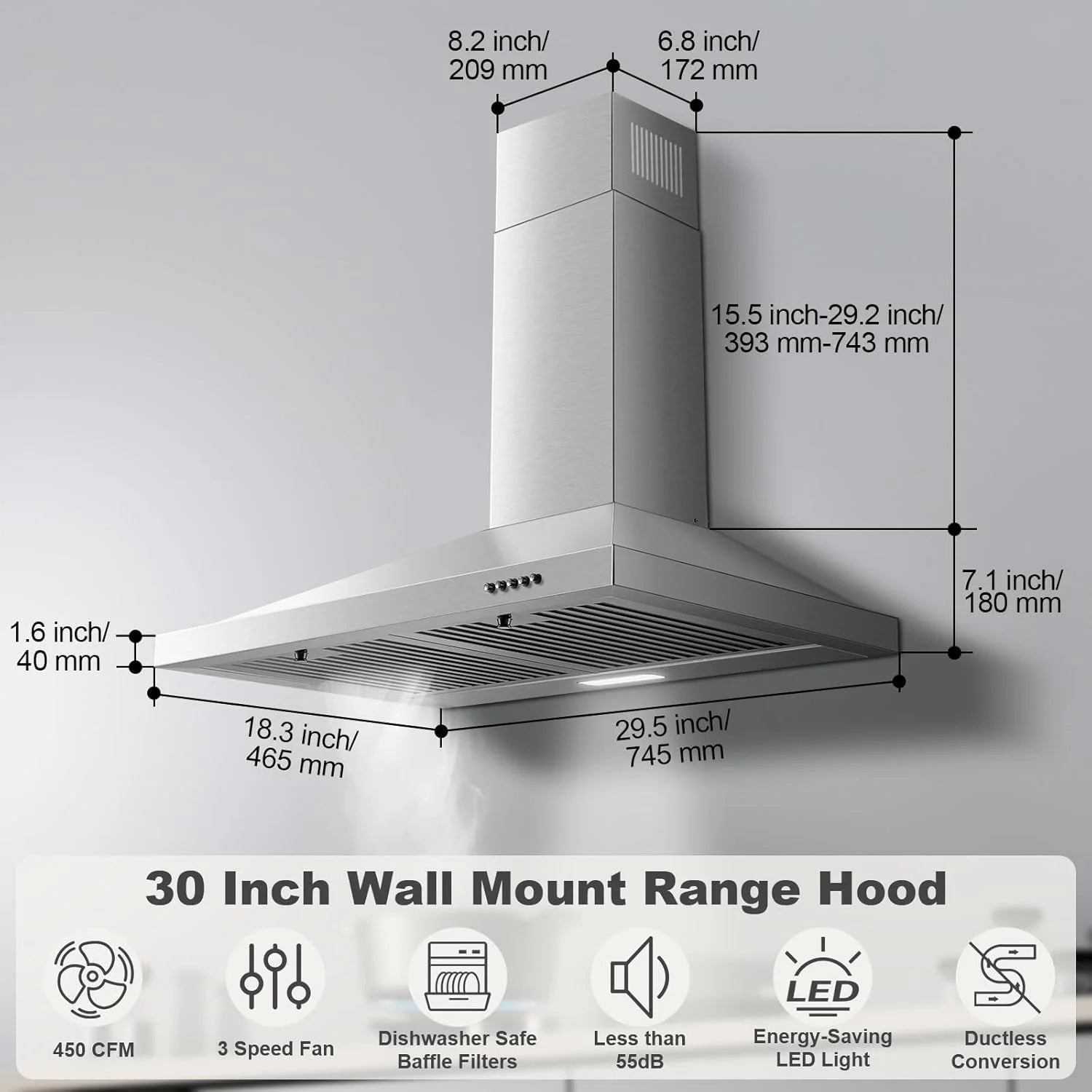 30-inch Wall Mount Range Hood 450CFM - Stainless Steel Kitchen Vent Hood, Ultra Quiet 55dB, Ducted/Ductless Convertible, 3-Speed + LED Light, Dishwasher-Safe Baffle Filters 120V