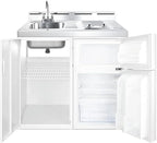 39 inch wide all-in-one kitchenette with 2-burner 115V smooth-top cooktop, refrigerator-freezer, sink, and storage cabinet